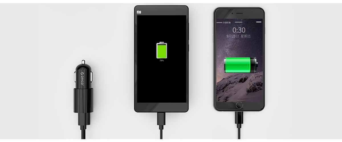 2-port car charger 1xType-C+1xUSB-A, charge two devices simultaneously.